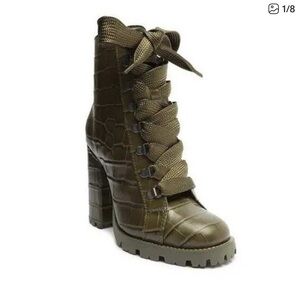 SCHUTZ Olive Green Croc-Embossed Lace-Up Block Heel Boots